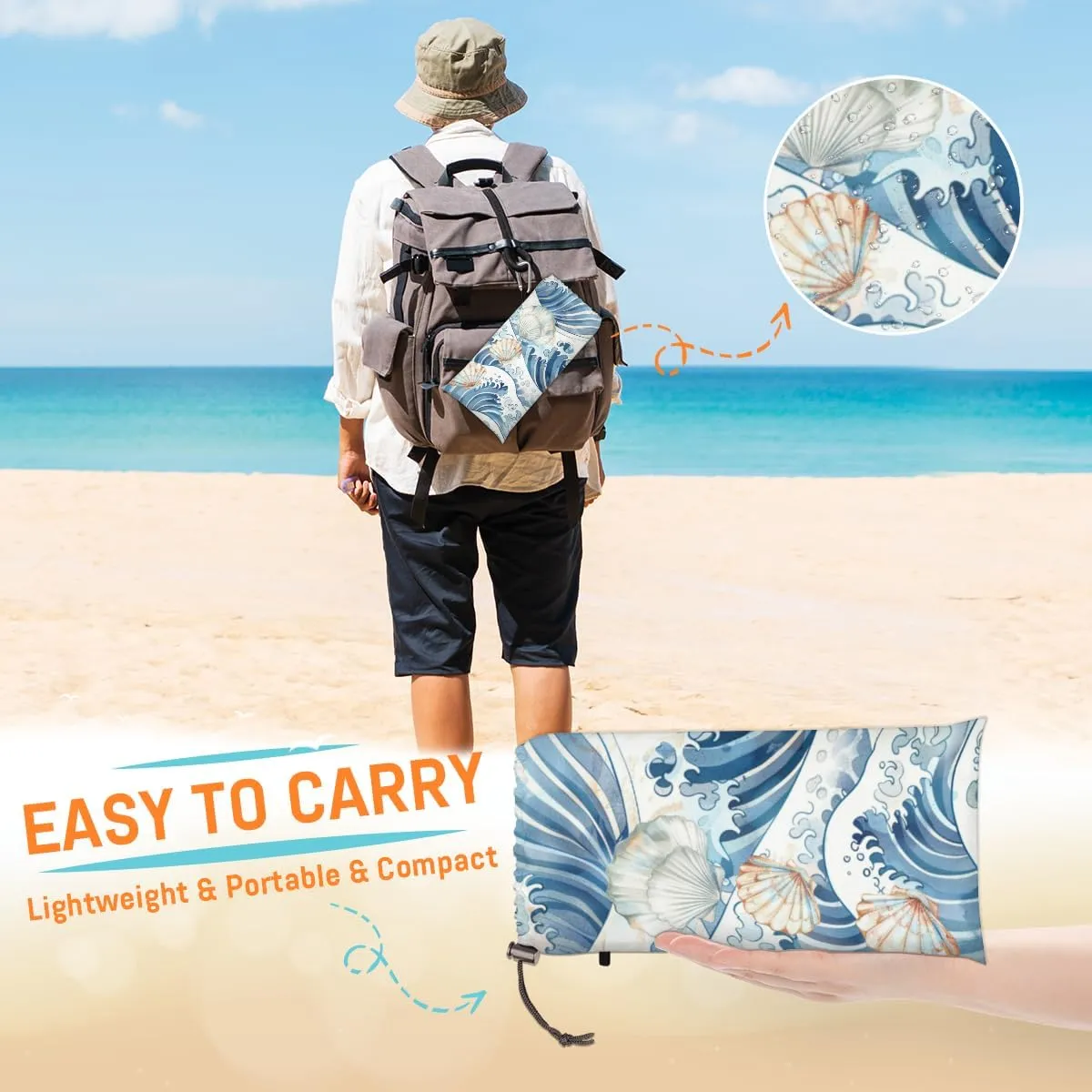 Starfish Seashell Beach Blanket, Sandproof Beach Mat, Adults Waterproof Quick Drying Sand Free Mat with 4 x Ground Spikes for Outdoor Travel Camping Hiking, Nautical Ocean Beach Coral Coastal