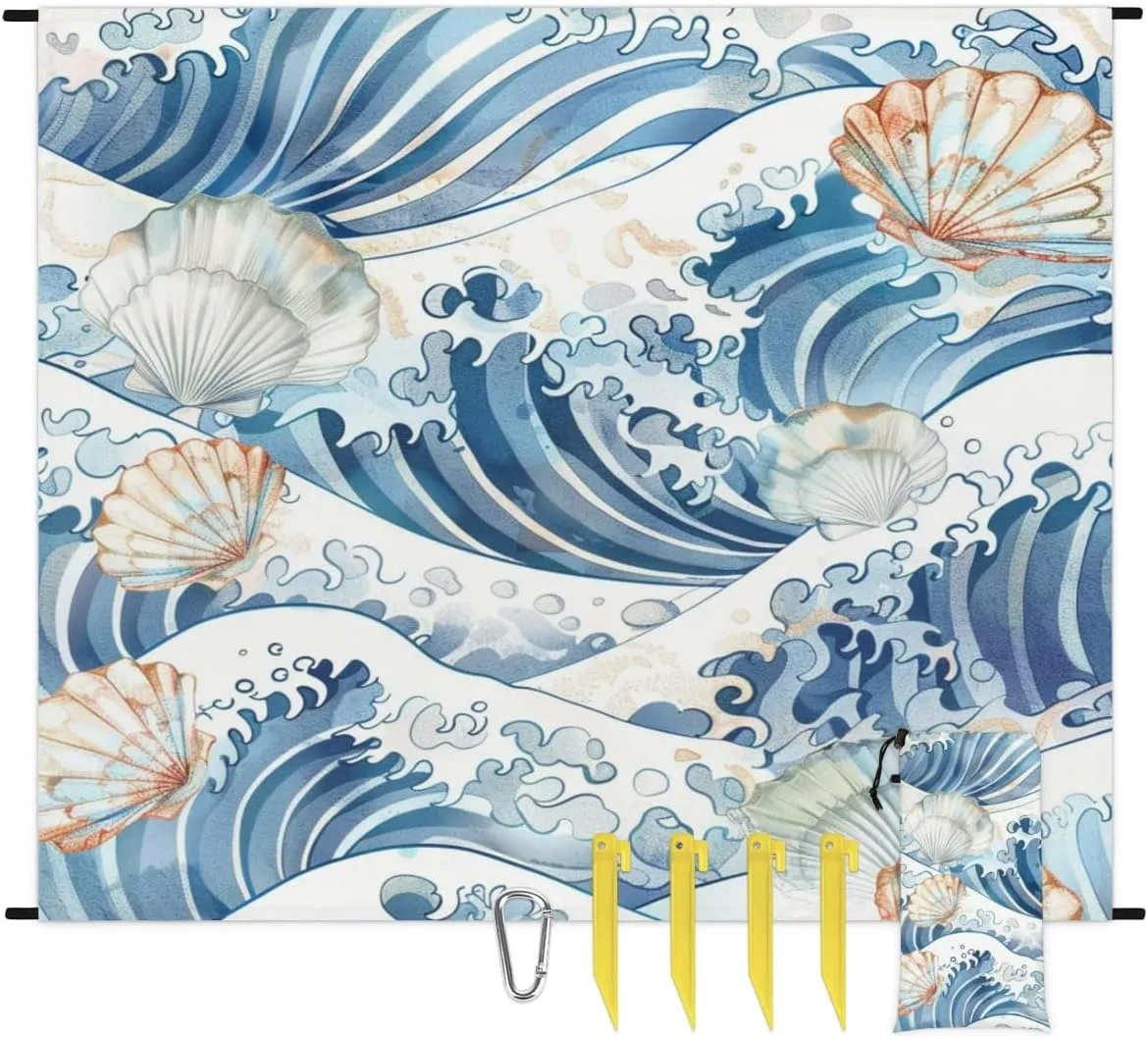 Starfish Seashell Beach Blanket, Sandproof Beach Mat, Adults Waterproof Quick Drying Sand Free Mat with 4 x Ground Spikes for Outdoor Travel Camping Hiking, Nautical Ocean Beach Coral Coastal