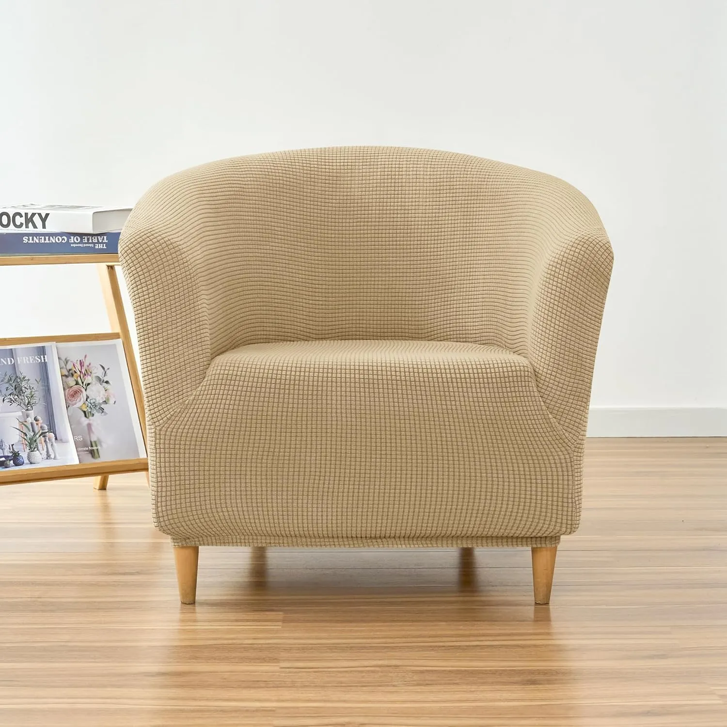 Stretch Tub Chair Covers, 1-Piece Club Chair Slipcover Soft Jacquard Barrel Chair Cover Armchair Slipcovers Furniture Protector for Living Room (Khaki)