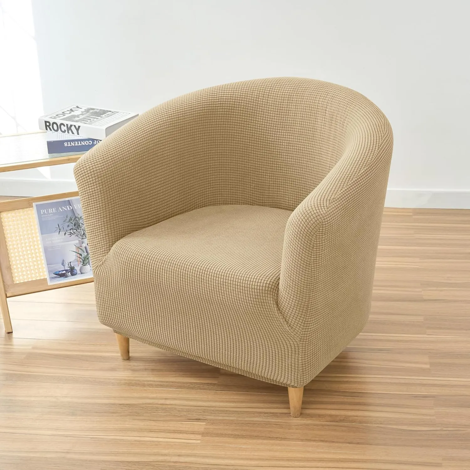Stretch Tub Chair Covers, 1-Piece Club Chair Slipcover Soft Jacquard Barrel Chair Cover Armchair Slipcovers Furniture Protector for Living Room (Khaki)