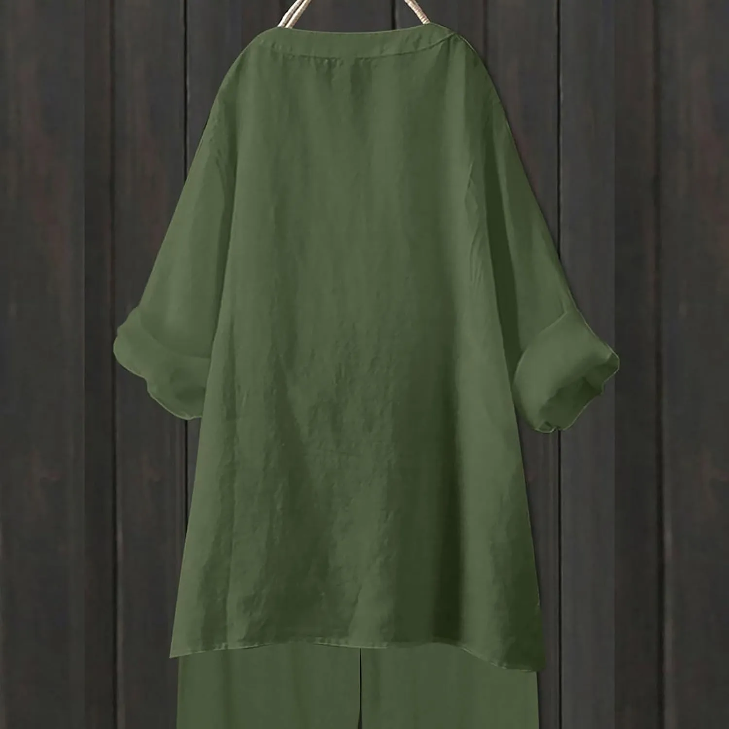 Summer Linen Tops for Women 3/4 Sleeve Work Shirts Trendy Button V Neck Blouse Plus Size Tees Loose Fit Casual T-Shirt