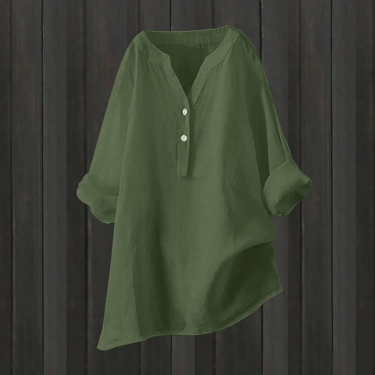 Summer Linen Tops for Women 3/4 Sleeve Work Shirts Trendy Button V Neck Blouse Plus Size Tees Loose Fit Casual T-Shirt