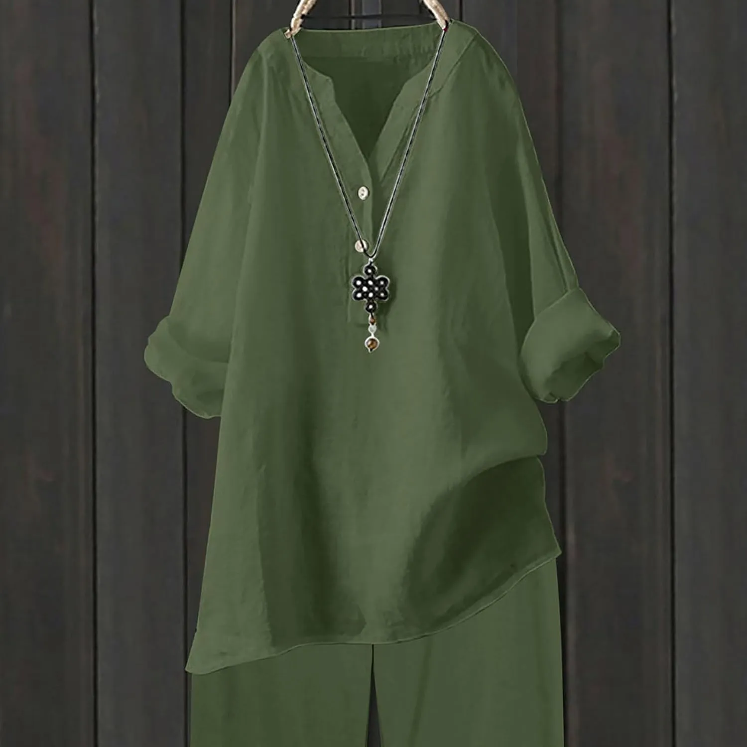 Summer Linen Tops for Women 3/4 Sleeve Work Shirts Trendy Button V Neck Blouse Plus Size Tees Loose Fit Casual T-Shirt