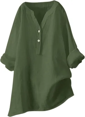 Summer Linen Tops for Women 3/4 Sleeve Work Shirts Trendy Button V Neck Blouse Plus Size Tees Loose Fit Casual T-Shirt
