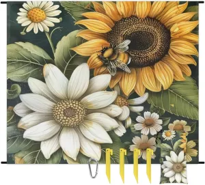 Sunflower Beach Blanket, Sandproof Beach Mat, Adults Waterproof Quick Drying Sand Free Mat with 4 x Ground Spikes for Outdoor Travel Camping Hiking, Yellow Sunflower Floral Bee