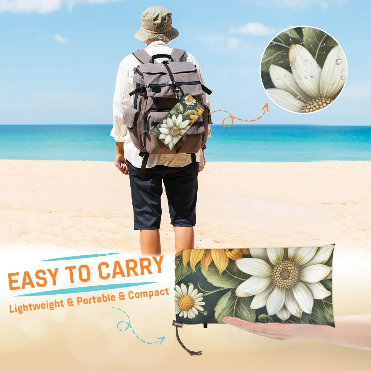 Sunflower Beach Blanket, Sandproof Beach Mat, Adults Waterproof Quick Drying Sand Free Mat with 4 x Ground Spikes for Outdoor Travel Camping Hiking, Yellow Sunflower Floral Bee