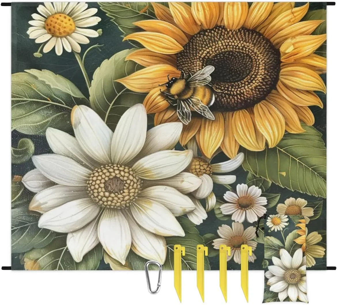 Sunflower Beach Blanket, Sandproof Beach Mat, Adults Waterproof Quick Drying Sand Free Mat with 4 x Ground Spikes for Outdoor Travel Camping Hiking, Yellow Sunflower Floral Bee