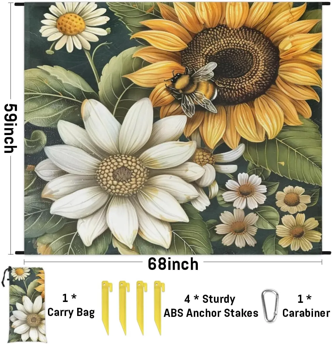 Sunflower Beach Blanket, Sandproof Beach Mat, Adults Waterproof Quick Drying Sand Free Mat with 4 x Ground Spikes for Outdoor Travel Camping Hiking, Yellow Sunflower Floral Bee