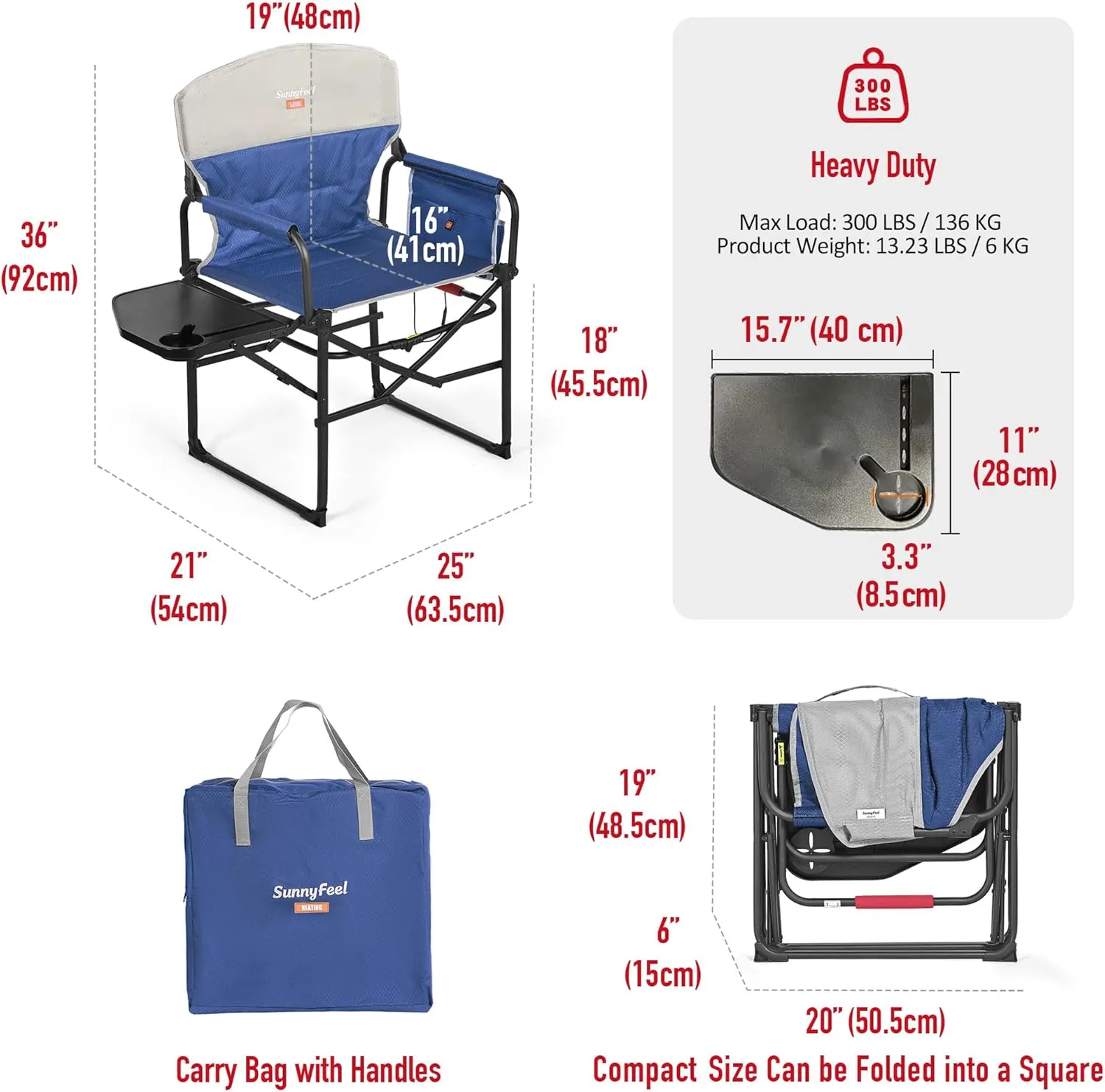 SUNNYFEEL Heated Camping Directors Chair, Heavy Duty,Oversized Outdoor Portable Heating Folding Chair with Side Table, Pocket for Beach, Fishing,Trip,Picnic,Lawn,Concert Foldable Camp Chairs