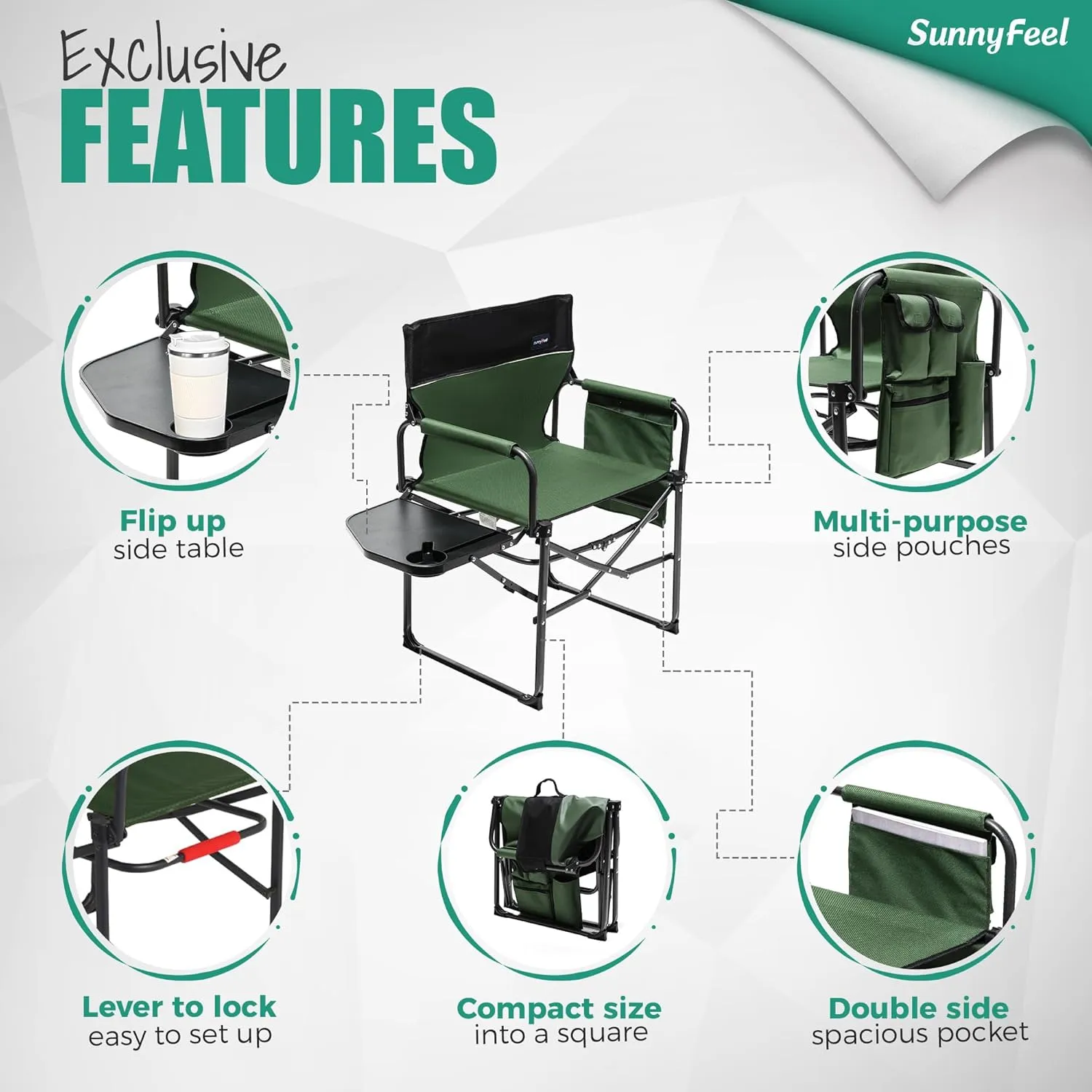 SUNNYFEEL Oversized Camping Directors Chair 2 Pack, Portable Folding Lawn Chairs for Adults Heavy Duty with Side Table,Pocket for Beach, Fishing,Picnic,Concert Outdoor, Foldable Camp Chairs