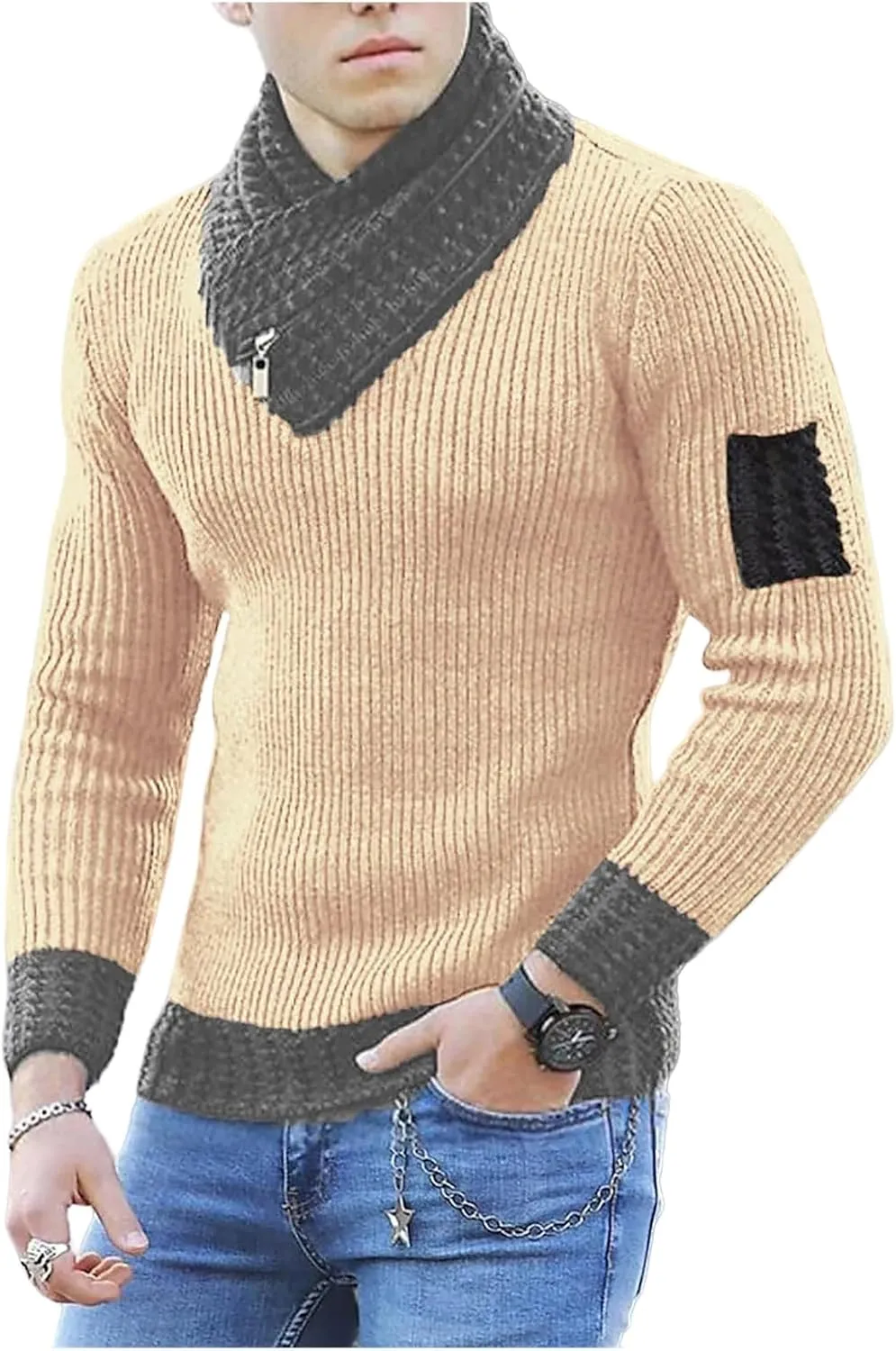 Sweaters for Men with High Neck Scarf Integrated Knitted Pullover Slim Fit Warm Base Knit Shirts Casual Knitwear