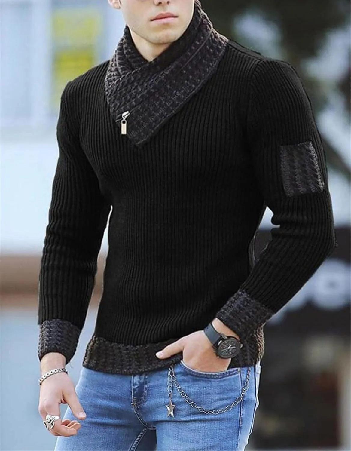Sweaters for Men with High Neck Scarf Integrated Knitted Pullover Slim Fit Warm Base Knit Shirts Casual Knitwear