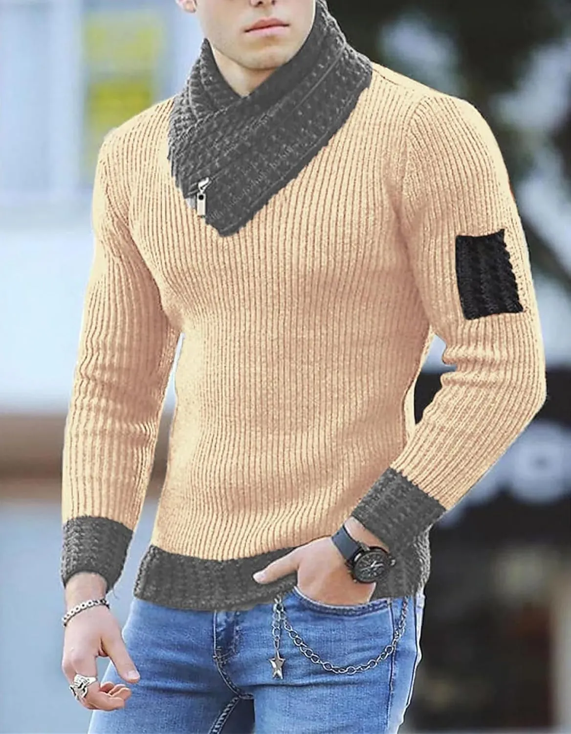 Sweaters for Men with High Neck Scarf Integrated Knitted Pullover Slim Fit Warm Base Knit Shirts Casual Knitwear