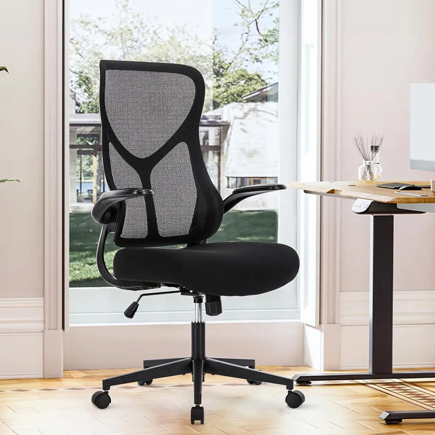 Sweetcrispy Desk Office Chair,Ergonomic High Back Computer Swivel Gaming Chairs with Adjustable Height, Lumbar Support, Flip Up Arms, 120°tilt, Black