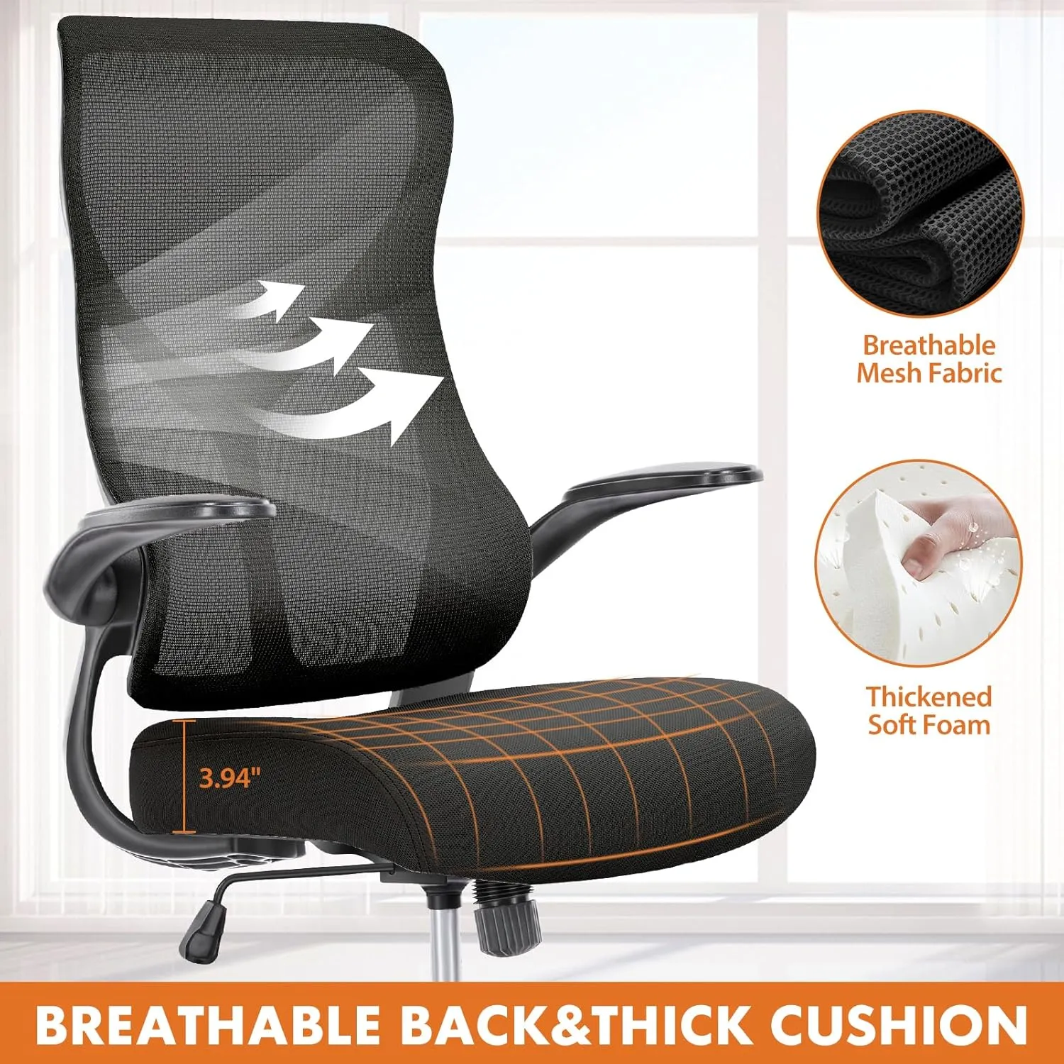 Sweetcrispy Desk Office Chair,Ergonomic High Back Computer Swivel Gaming Chairs with Adjustable Height, Lumbar Support, Flip Up Arms, 120°tilt, Black
