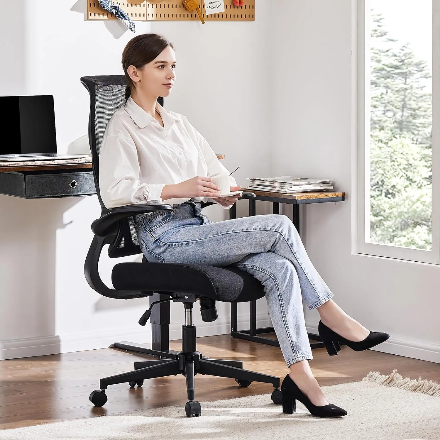 Sweetcrispy Desk Office Chair,Ergonomic High Back Computer Swivel Gaming Chairs with Adjustable Height, Lumbar Support, Flip Up Arms, 120°tilt, Black