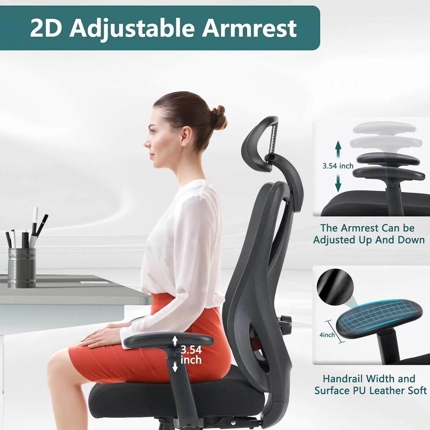 Sweetcrispy Ergonomic High Back Chair, Rolling Work Swivel 135°Tilt Function Big and Tall Computer with Wheels, 2D Armrest Adjustable Lumbar Support & Headres, Modern Black