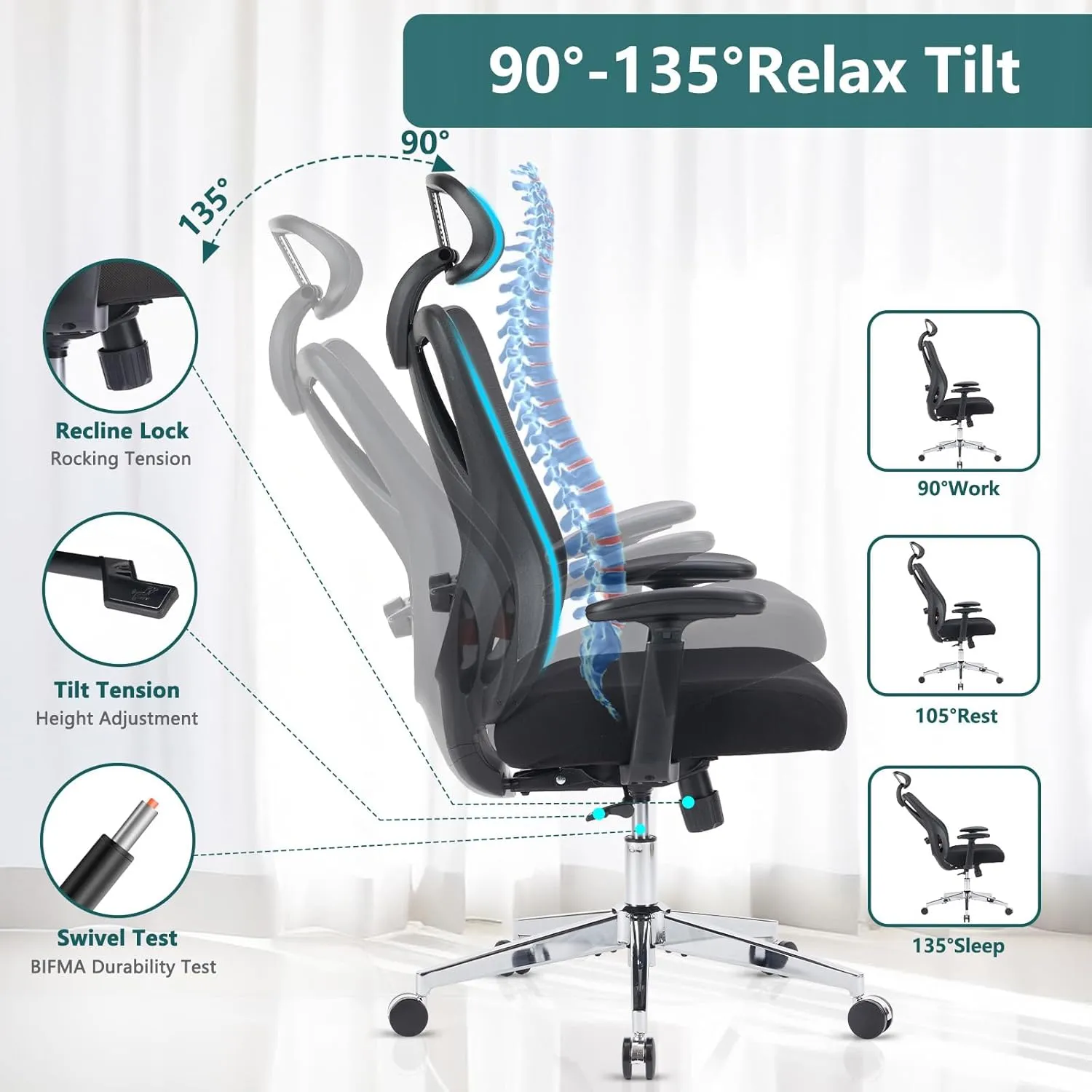Sweetcrispy Ergonomic High Back Chair, Rolling Work Swivel 135°Tilt Function Big and Tall Computer with Wheels, 2D Armrest Adjustable Lumbar Support & Headres, Modern Black