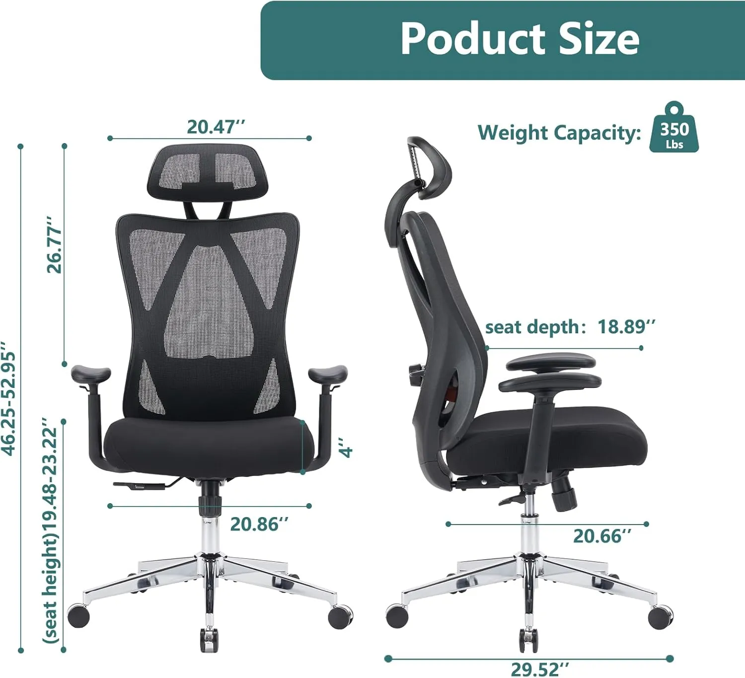 Sweetcrispy Ergonomic High Back Chair, Rolling Work Swivel 135°Tilt Function Big and Tall Computer with Wheels, 2D Armrest Adjustable Lumbar Support & Headres, Modern Black