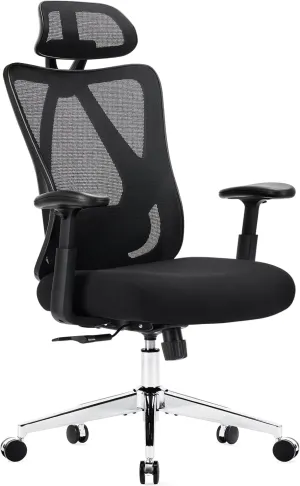 Sweetcrispy Ergonomic High Back Chair, Rolling Work Swivel 135°Tilt Function Big and Tall Computer with Wheels, 2D Armrest Adjustable Lumbar Support & Headres, Modern Black