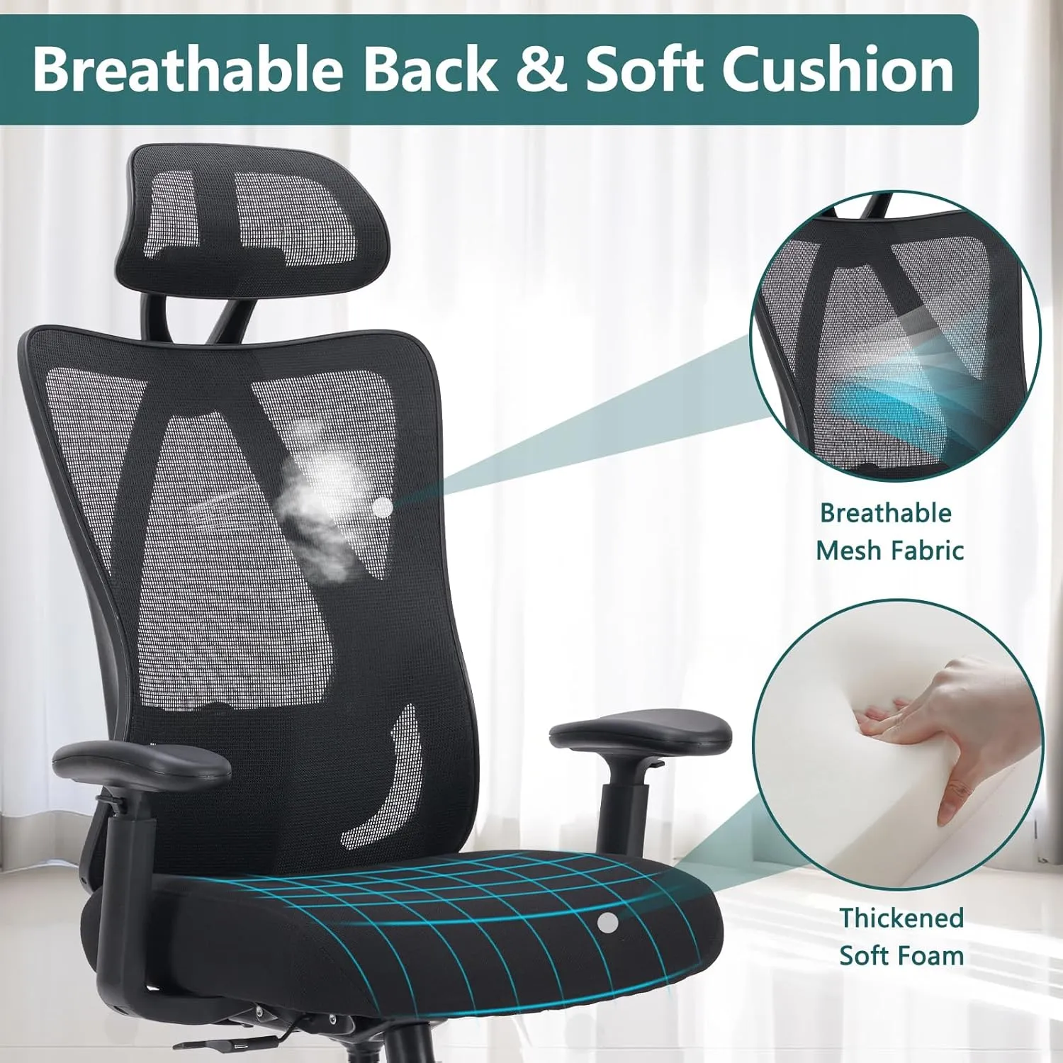 Sweetcrispy Ergonomic High Back Chair, Rolling Work Swivel 135°Tilt Function Big and Tall Computer with Wheels, 2D Armrest Adjustable Lumbar Support & Headres, Modern Black
