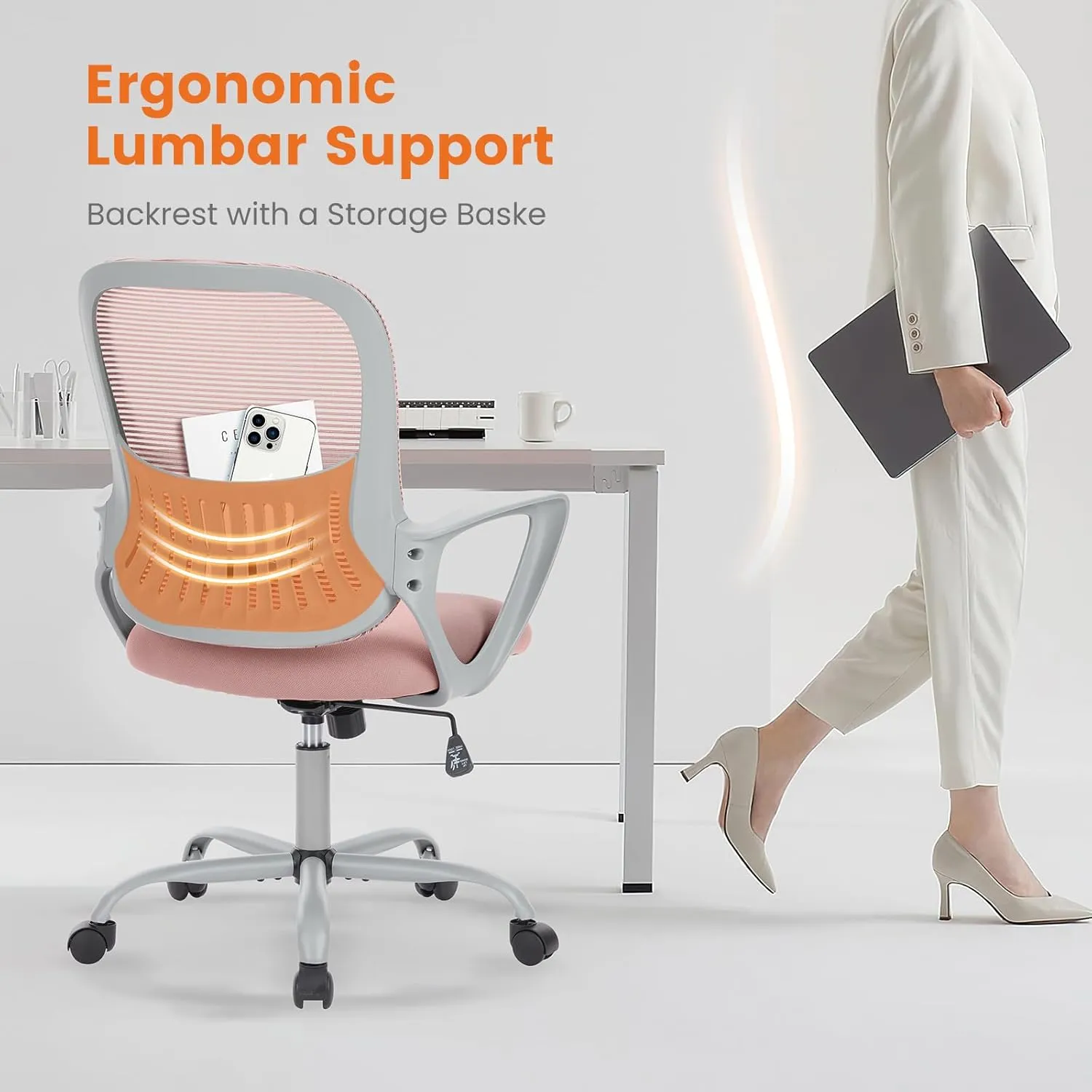 Sweetcrispy Ergonomic Mid-Back Mesh Home Office Desk Chair with Wheels, Lumbar Support, and Comfortable Armrests for Home, Bedroom, Study, Office