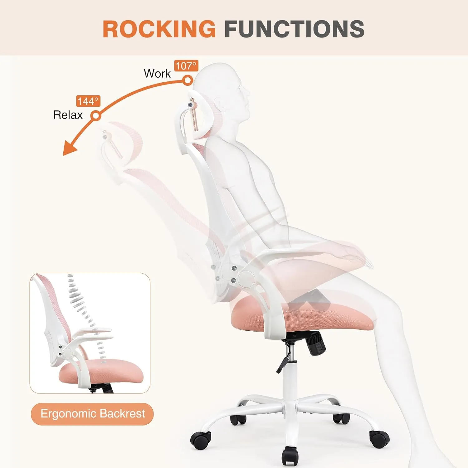 Sweetcrispy Home Office Computer Desk Chair, Ergonomic High-Back Mesh Rolling Work Chairs with Wheels and Adjustable Headrests, Comfortable Lumbar Support, Comfy Flip-up Arms for Bedroom, Study, Pink