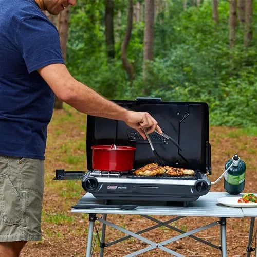 Tabletop 2n1 Camping Grill/Stove,2-Burner Propane Grill & Stove for Outdoor Cooking