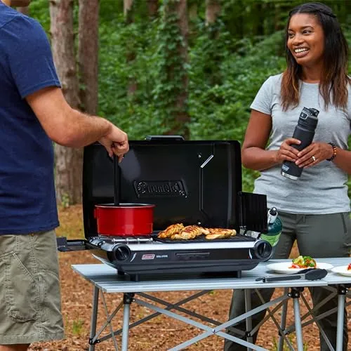 Tabletop 2n1 Camping Grill/Stove,2-Burner Propane Grill & Stove for Outdoor Cooking