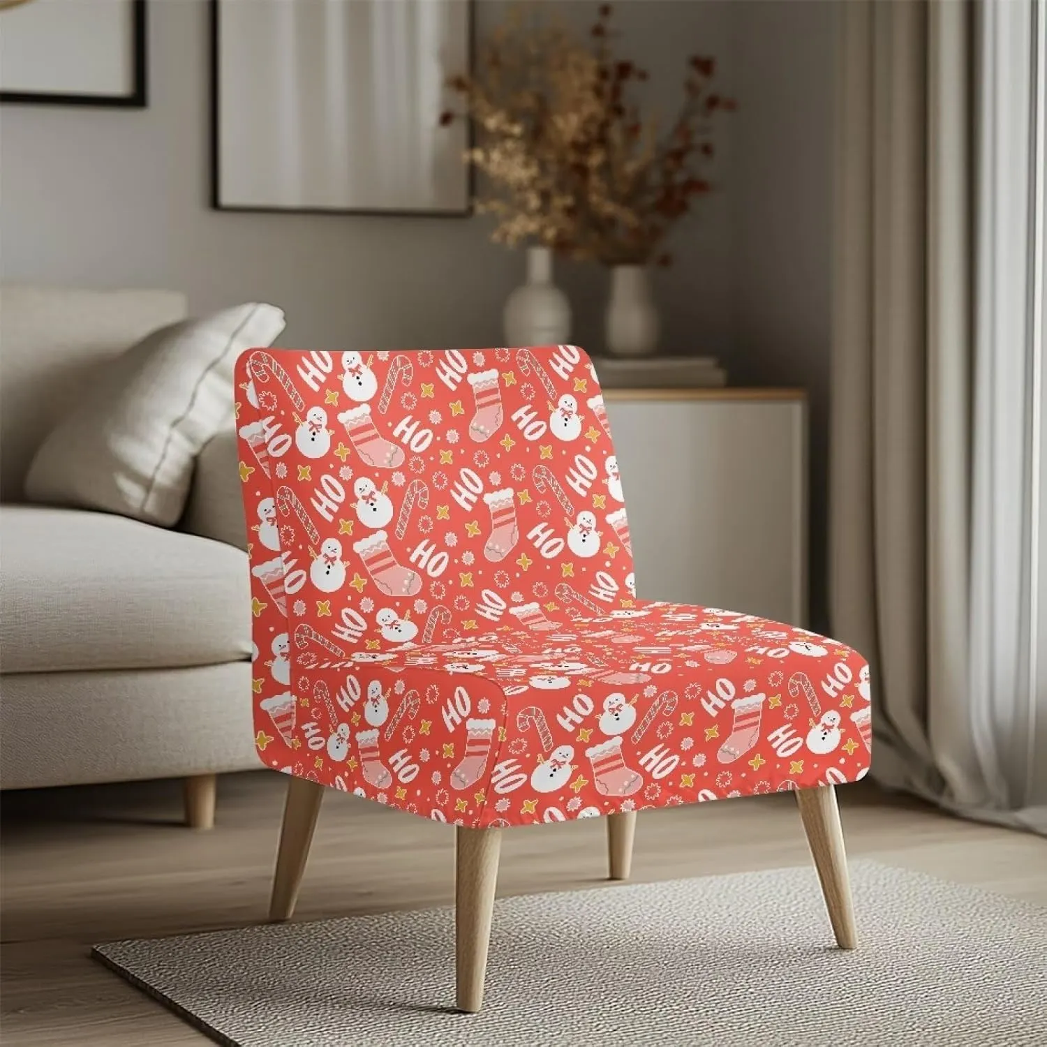Talayituse Snowman Sock Candy Star Print Armless Accent Chair Cover Christmas Decor Slipcover for Slipper Chair Without Armrest Chair Couch Wear-Resistant Furniture Protector Cover for Bedroom Hotel