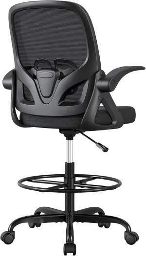 Tall Drafting Chair with Lumbar Support and Footrest Ring, Supportive Tall Extended Height Ergonomic Desk Chair for Home Work, Breathable Mesh Office Chair with Flip up Arms(Black)