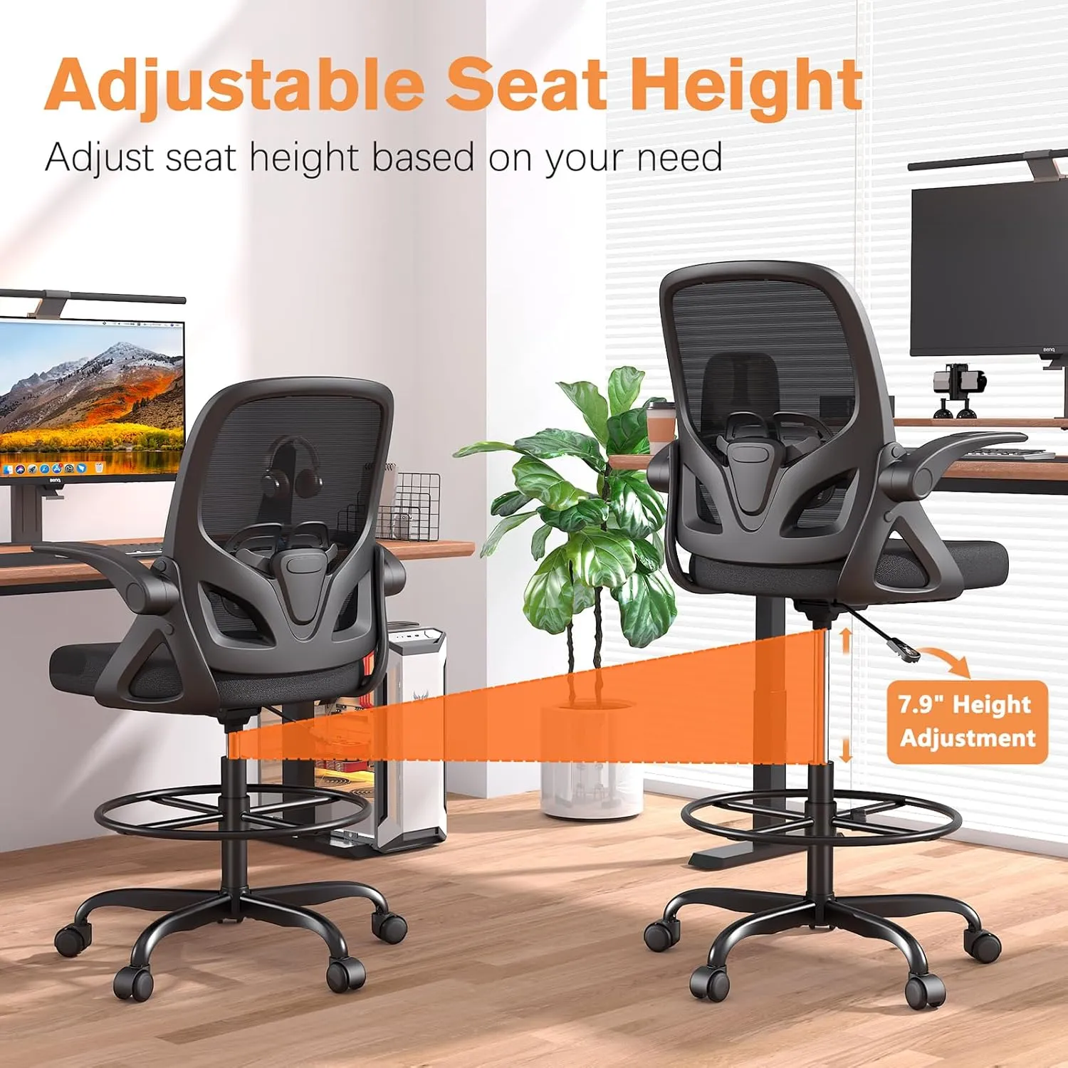 Tall Drafting Chair with Lumbar Support and Footrest Ring, Supportive Tall Extended Height Ergonomic Desk Chair for Home Work, Breathable Mesh Office Chair with Flip up Arms(Black)