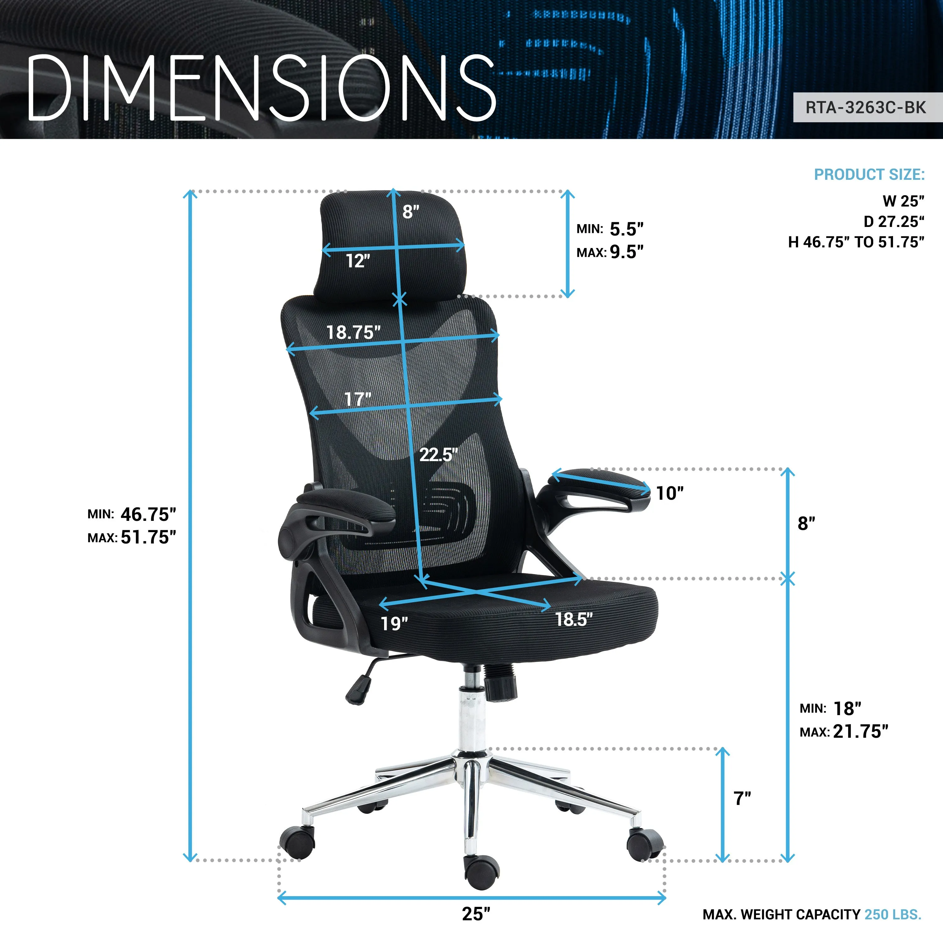 Techni Mobili Essential Ergonomic Office Chair with Headrest and Lumbar Support - Black|Chaise de bureau ergonomique Essential de Techni Mobili avec appuie-tête et soutien lombaire - noire