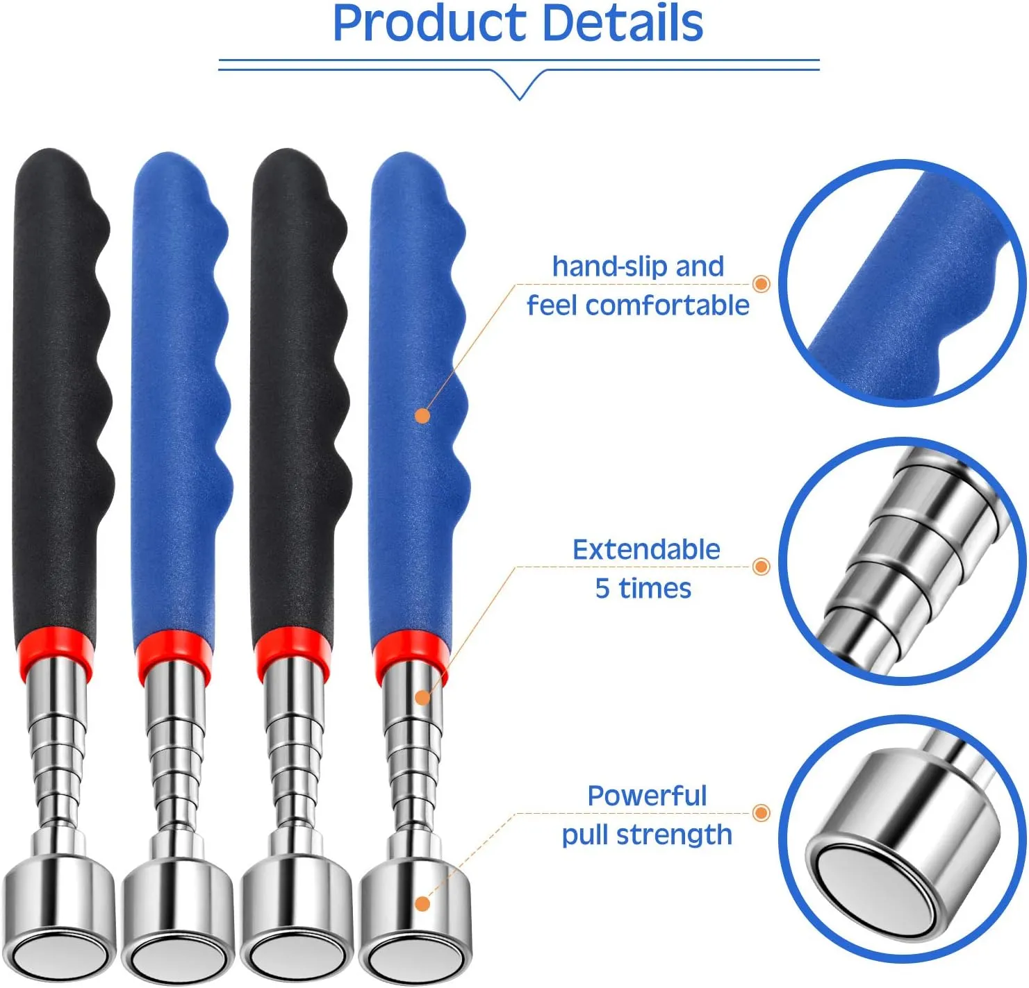Telescoping Magnetic Pickup Tool 20 Lbs Magnet Extension Tool Telescoping 30 Inch Extendable Stick Gadget for Men Suitable for Birthday Father's Day Christmas(Blue and Black,4 Pieces)