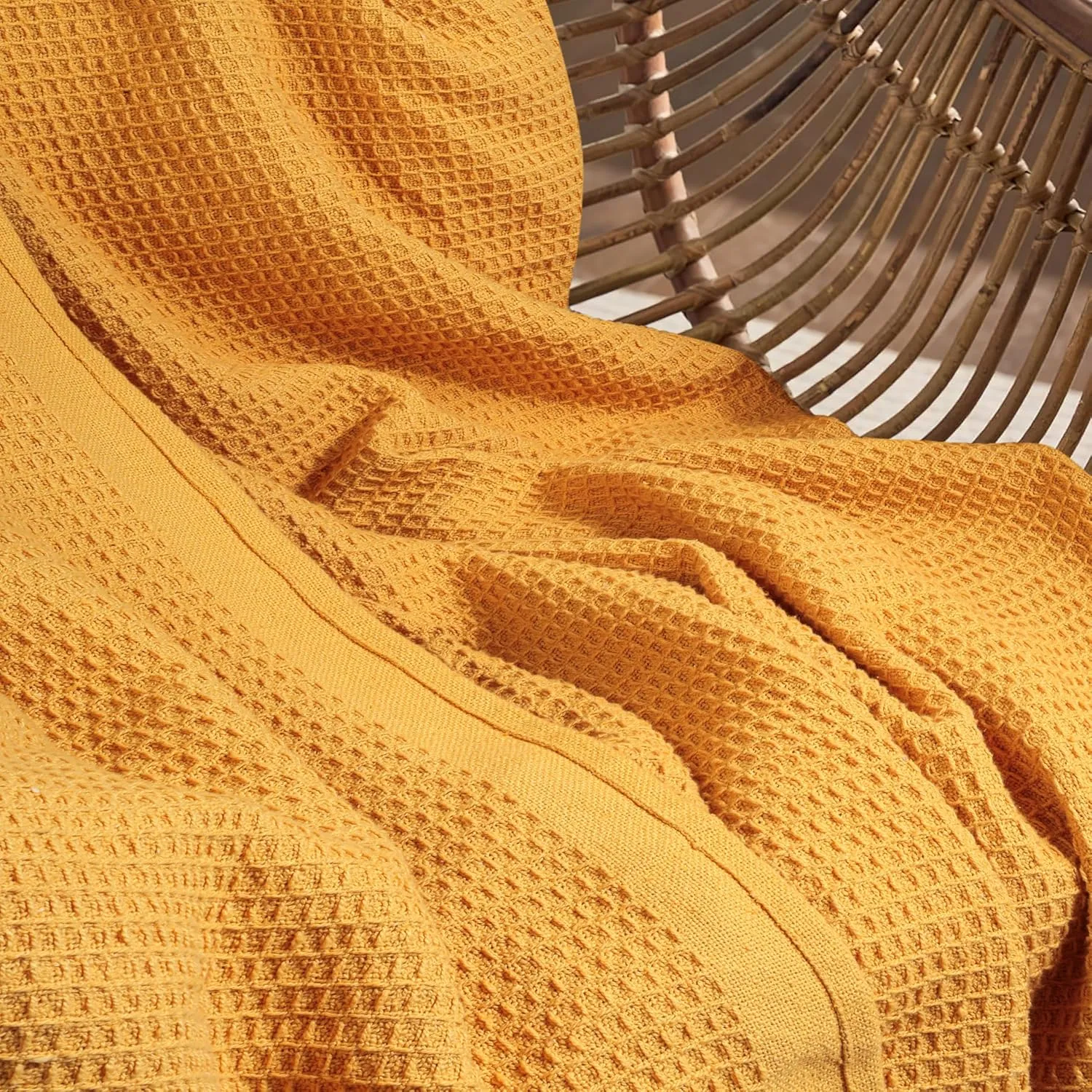 Tex Trend 100% Cotton Blanket – Soft and Breathable Twin XL Waffle Blanket – All Season Comfort – Suitable for Bed Layering, Sofa, Couch and Chair - Mustard (60”x90”)