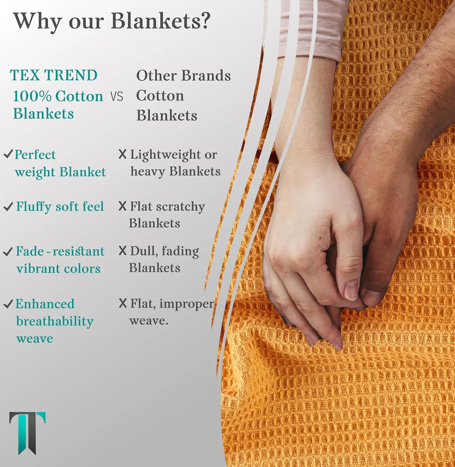 Tex Trend 100% Cotton Blanket – Soft and Breathable Twin XL Waffle Blanket – All Season Comfort – Suitable for Bed Layering, Sofa, Couch and Chair - Mustard (60”x90”)