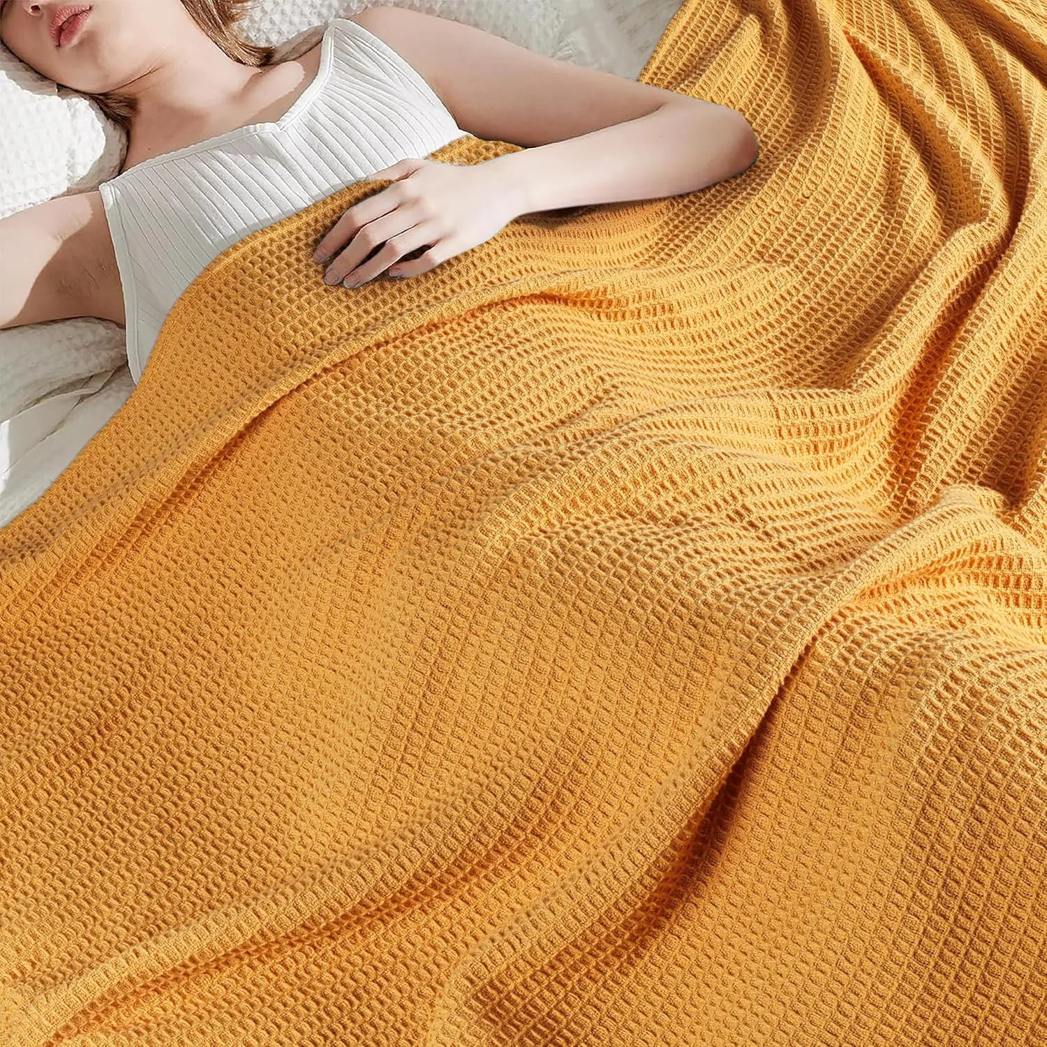 Tex Trend 100% Cotton Blanket – Soft and Breathable Twin XL Waffle Blanket – All Season Comfort – Suitable for Bed Layering, Sofa, Couch and Chair - Mustard (60”x90”)