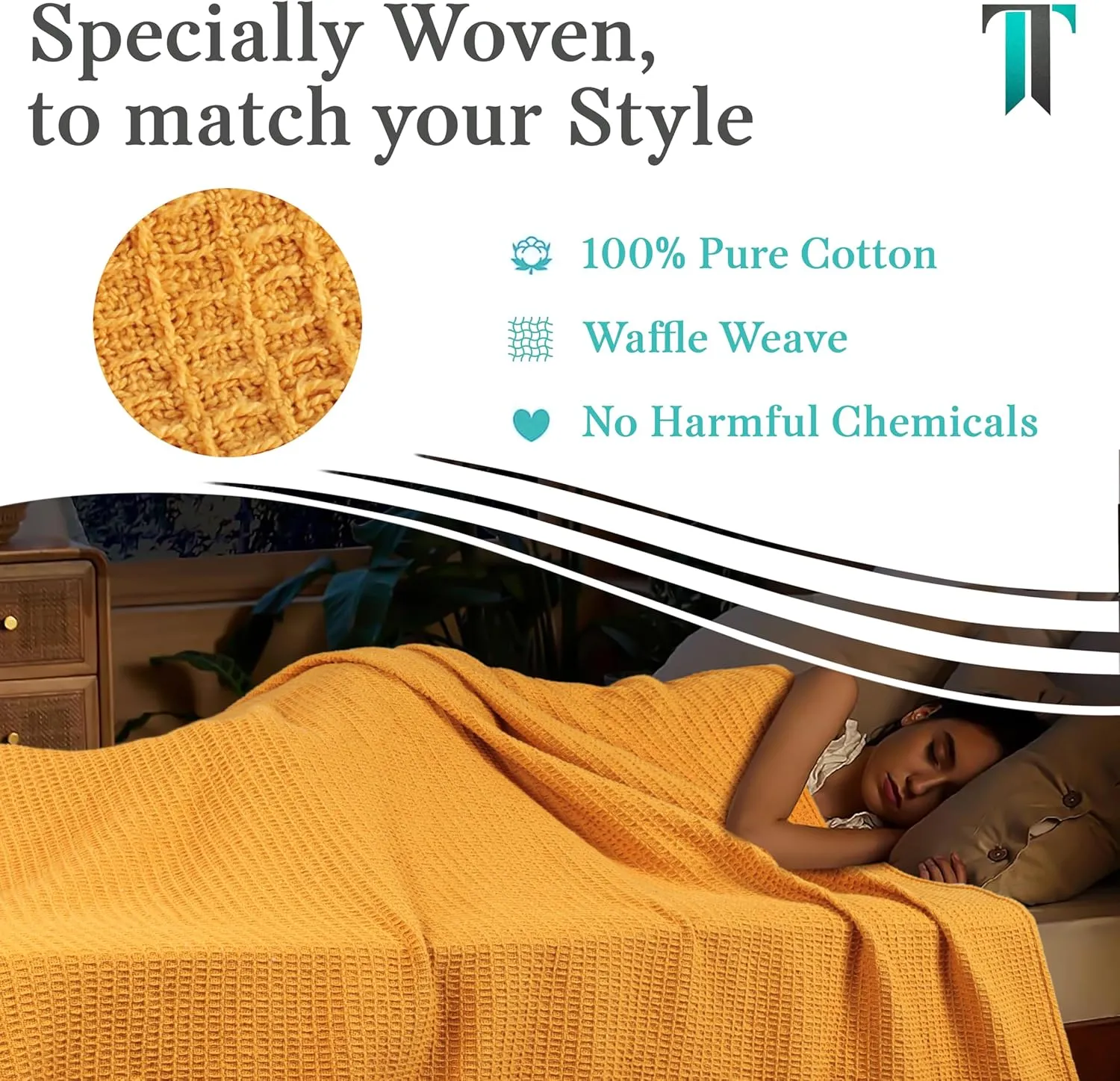 Tex Trend 100% Cotton Blanket – Soft and Breathable Twin XL Waffle Blanket – All Season Comfort – Suitable for Bed Layering, Sofa, Couch and Chair - Mustard (60”x90”)
