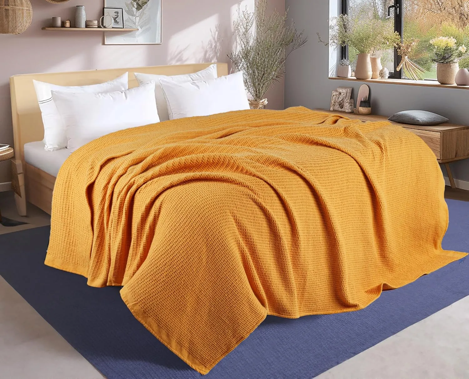 Tex Trend 100% Cotton Blanket – Soft and Breathable Twin XL Waffle Blanket – All Season Comfort – Suitable for Bed Layering, Sofa, Couch and Chair - Mustard (60”x90”)