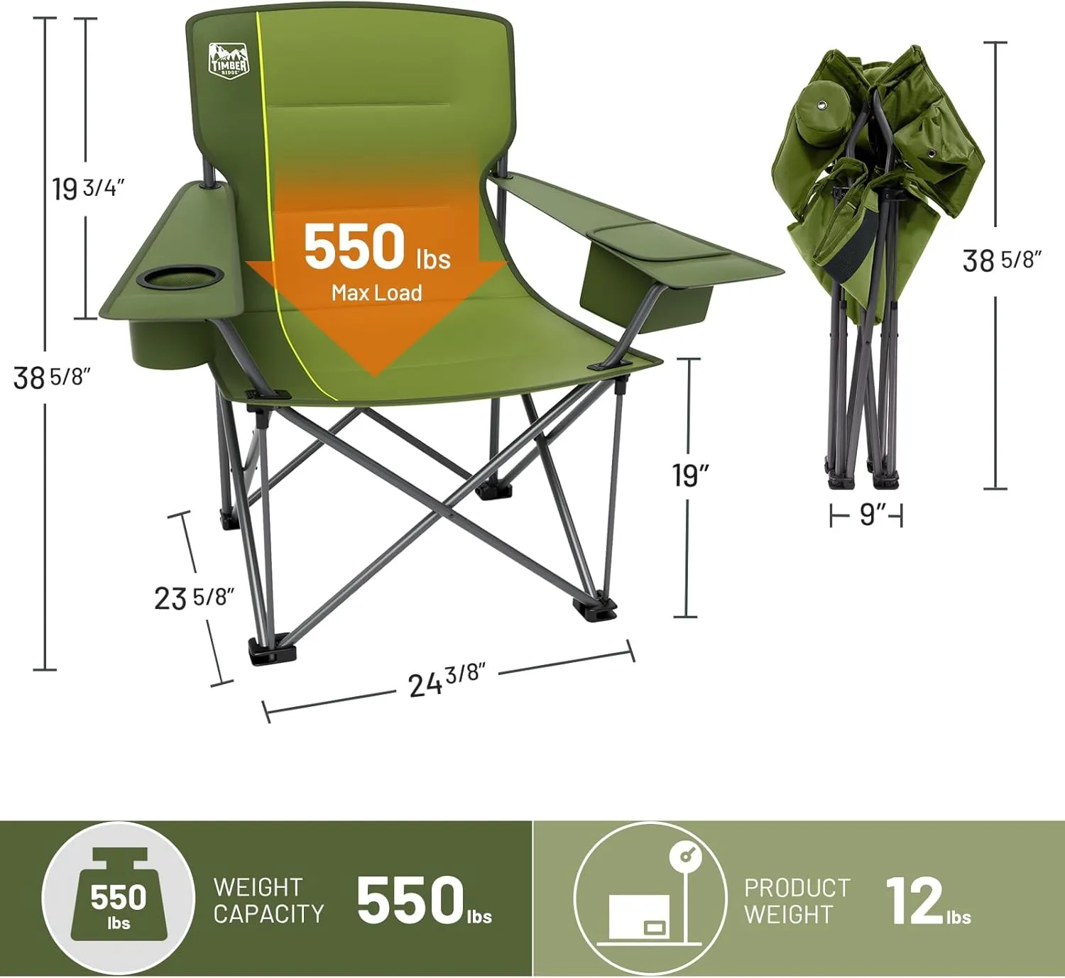 TIMBER RIDGE Oversized Folding Camping Chair for Adults, Support 550 LBS Heavy Duty with Cup Holder Side Pocket for Camp, Lawn, Picnic, Green, 2 Pack