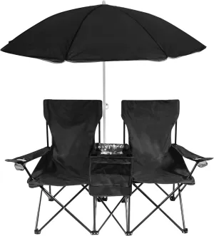 Trademark Innovations Double Folding Camp and Beach Chair with Removable Umbrella and Cooler, Black