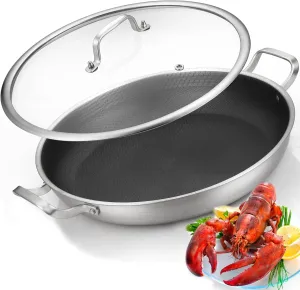 Tri-Ply 14.5 Inch Stainless Steel Paella Pan,12 Servings Paella Pan with Lid,18/10 Nonstick Large Skillet,Jumbo Cooker,Induction Pan,Skillets,for Outdoors,Camping,Parties