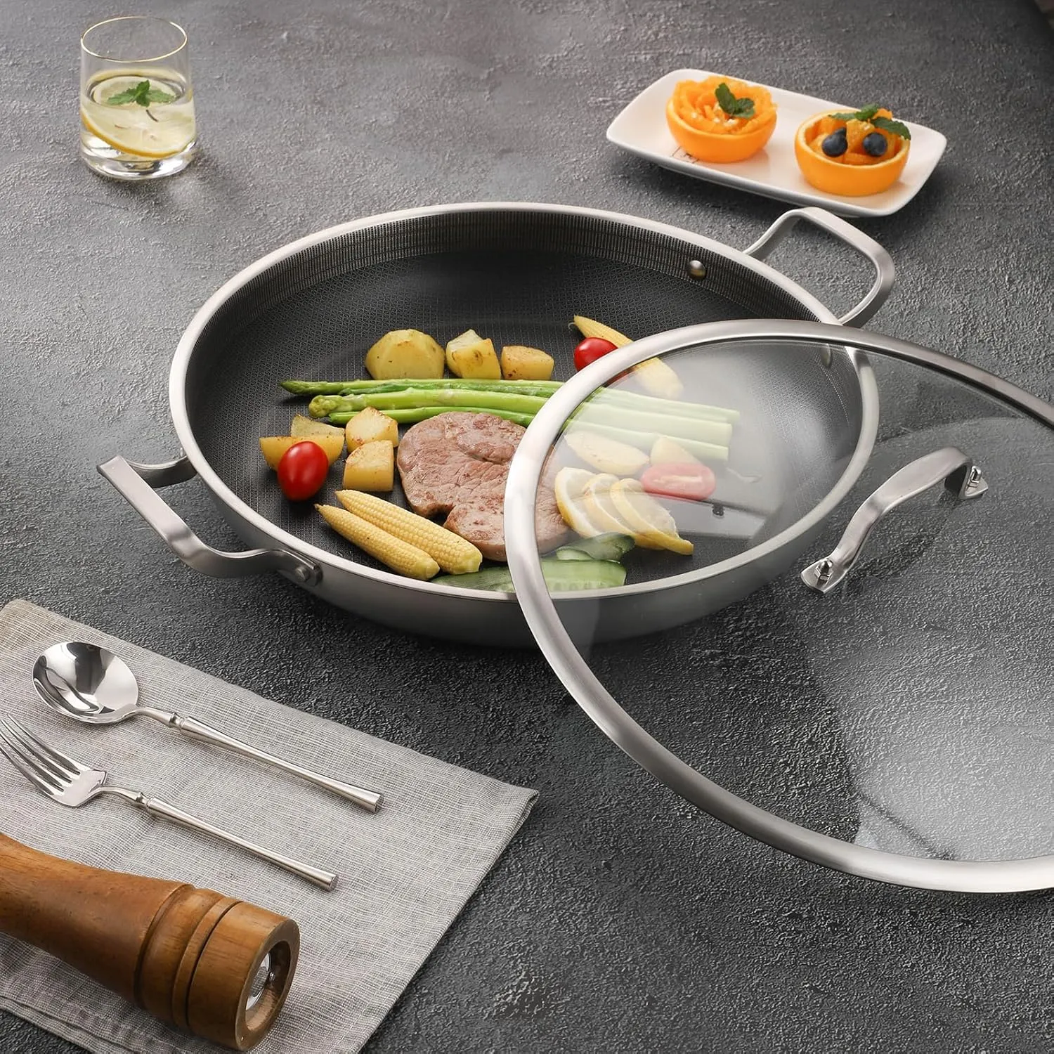 Tri-Ply 14.5 Inch Stainless Steel Paella Pan,12 Servings Paella Pan with Lid,18/10 Nonstick Large Skillet,Jumbo Cooker,Induction Pan,Skillets,for Outdoors,Camping,Parties