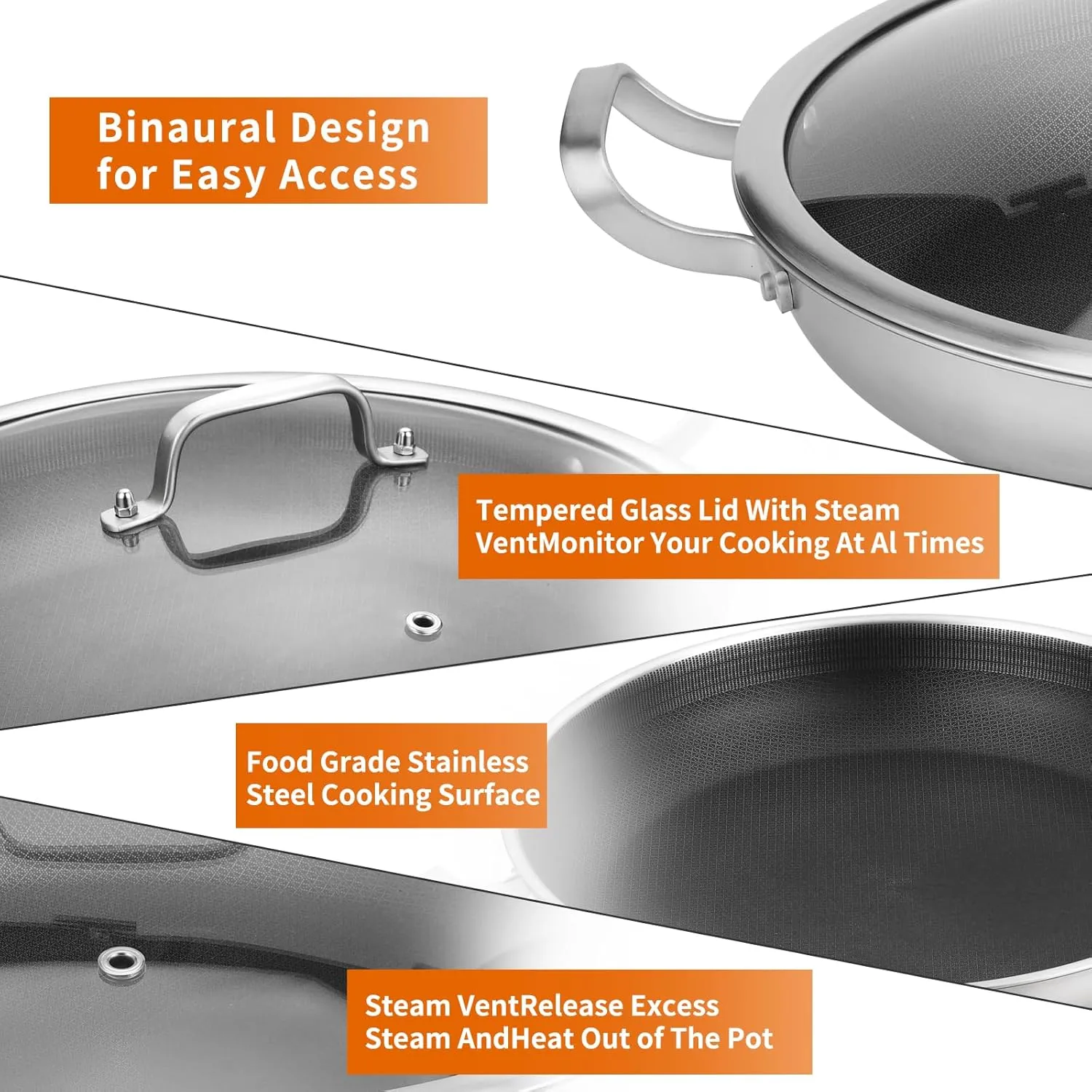 Tri-Ply 14.5 Inch Stainless Steel Paella Pan,12 Servings Paella Pan with Lid,18/10 Nonstick Large Skillet,Jumbo Cooker,Induction Pan,Skillets,for Outdoors,Camping,Parties