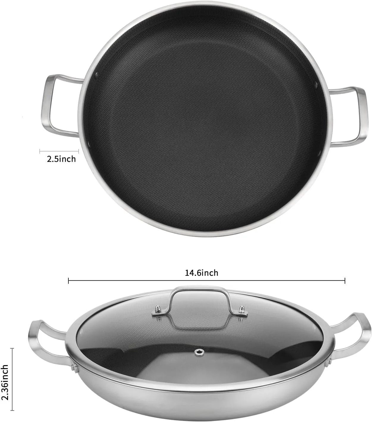 Tri-Ply 14.5 Inch Stainless Steel Paella Pan,12 Servings Paella Pan with Lid,18/10 Nonstick Large Skillet,Jumbo Cooker,Induction Pan,Skillets,for Outdoors,Camping,Parties