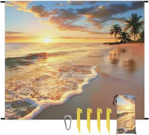 Tropical Beach Blanket, Sandproof Beach Mat, Adults Waterproof Quick Drying Sand Free Mat with 4 x Ground Spikes for Outdoor Travel Camping Hiking, Ocean Palms Leaf