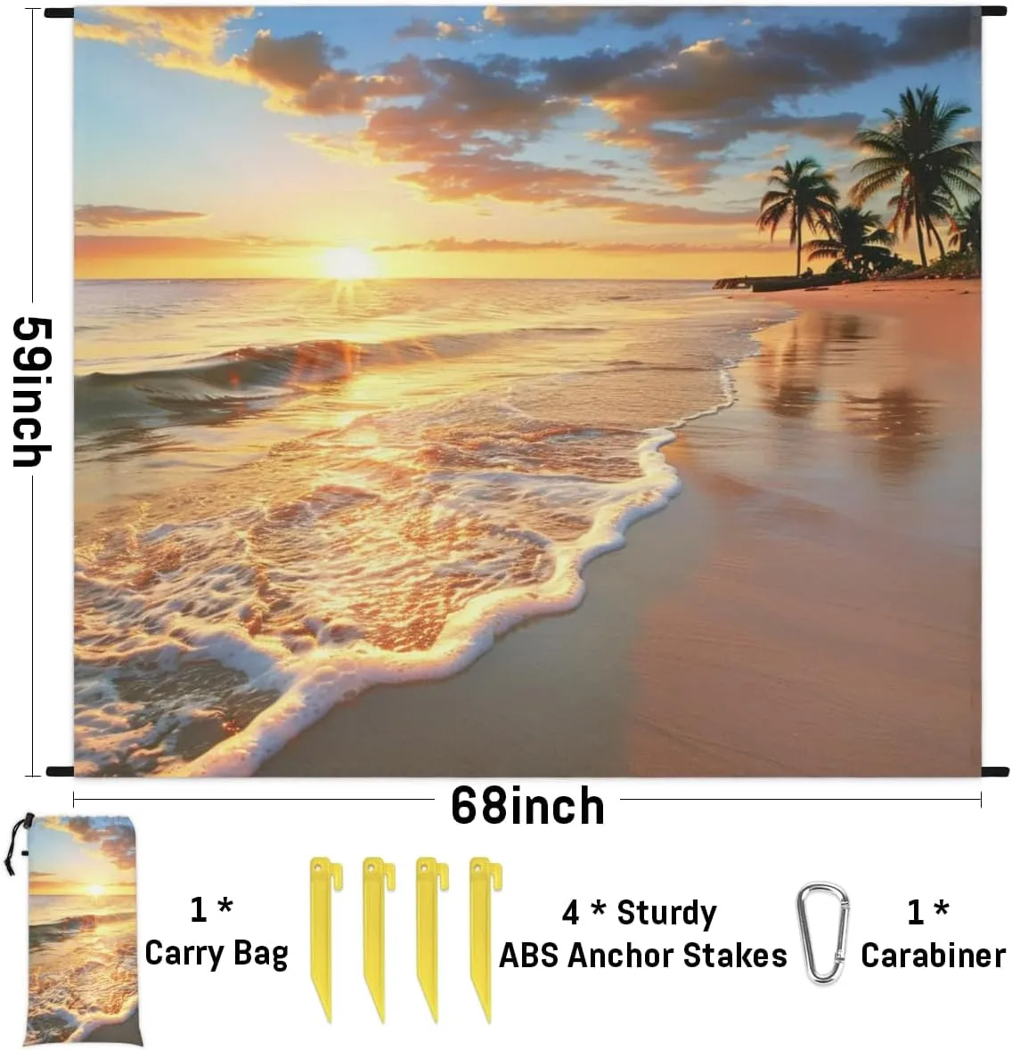 Tropical Beach Blanket, Sandproof Beach Mat, Adults Waterproof Quick Drying Sand Free Mat with 4 x Ground Spikes for Outdoor Travel Camping Hiking, Ocean Palms Leaf