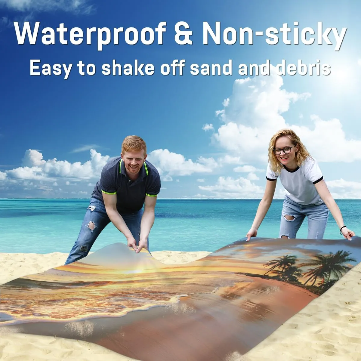 Tropical Beach Blanket, Sandproof Beach Mat, Adults Waterproof Quick Drying Sand Free Mat with 4 x Ground Spikes for Outdoor Travel Camping Hiking, Ocean Palms Leaf