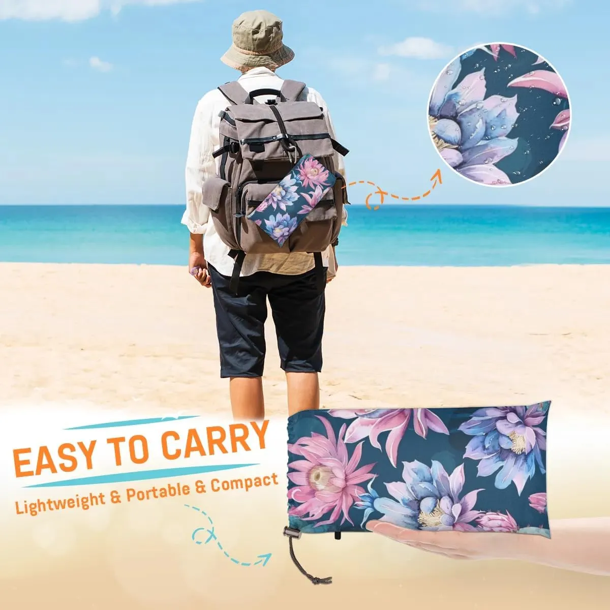 Tropical Cactus Beach Blanket, Sandproof Beach Mat, Adults Waterproof Quick Drying Sand Free Mat with 4 x Ground Spikes for Outdoor Travel Camping Hiking, Cactus