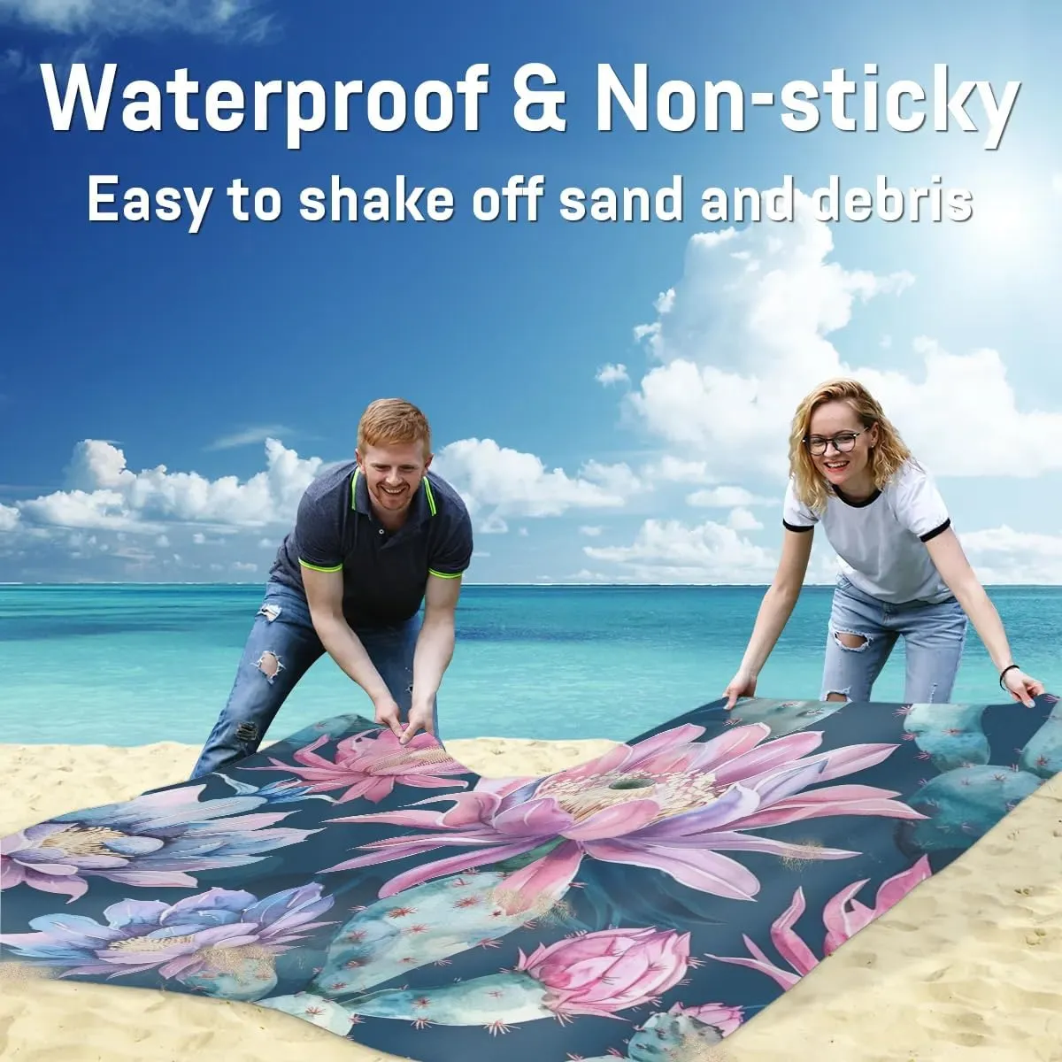 Tropical Cactus Beach Blanket, Sandproof Beach Mat, Adults Waterproof Quick Drying Sand Free Mat with 4 x Ground Spikes for Outdoor Travel Camping Hiking, Cactus